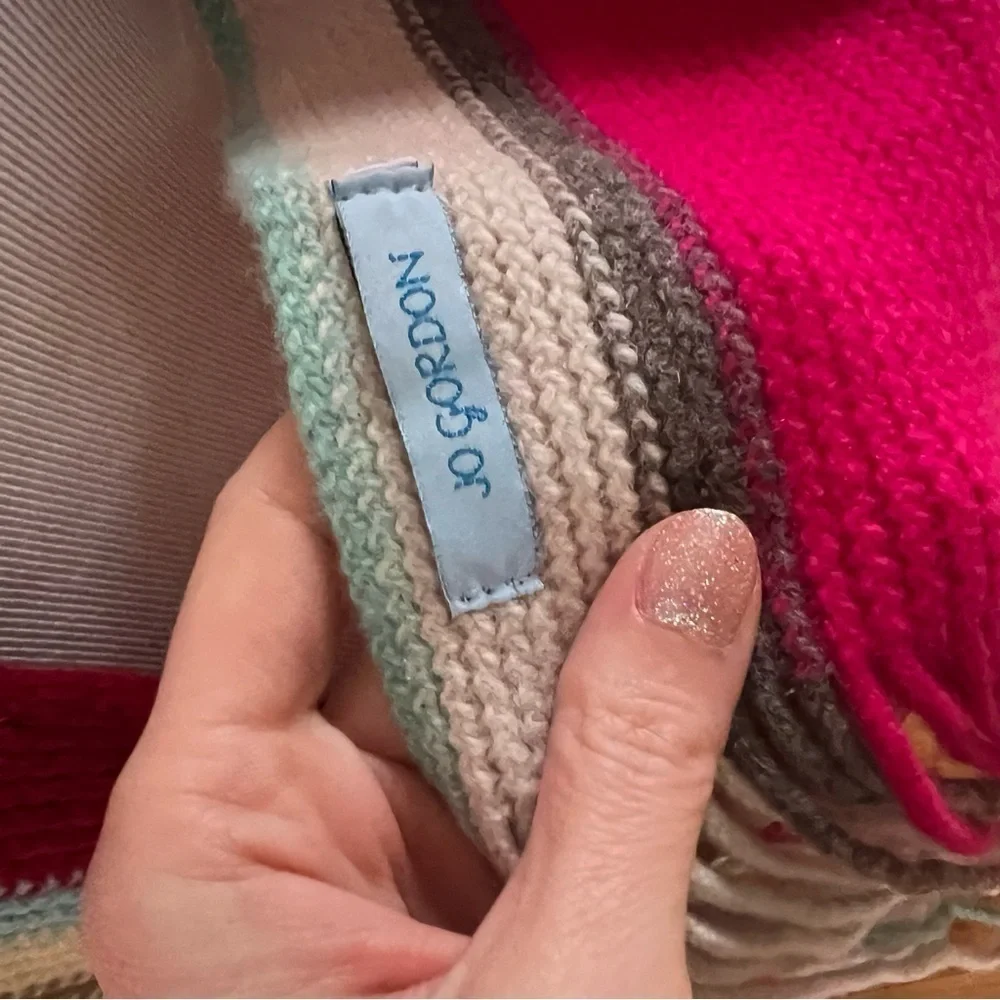 Jo Gordon Knit 100% Lambswool Striped Pink, Blue, Green, Blue Cream Fringe Scarf